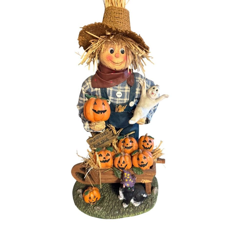 VTG Brice Scarecrow Pumpkins Black Cat Fabric Mache Figurine 13" HALLOWEEN DECOR